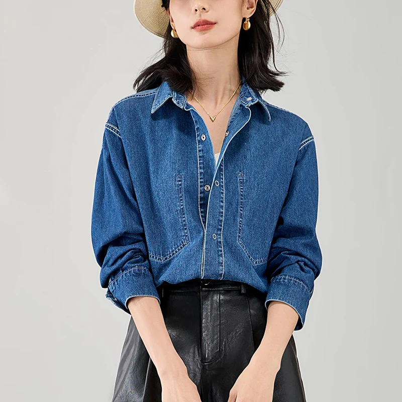 

Spliced Denim Shirt For Women In Autumn 2023, New Design Sense, Retro And Versatile Casual Long Sleeved Lapel Shirt Jacket