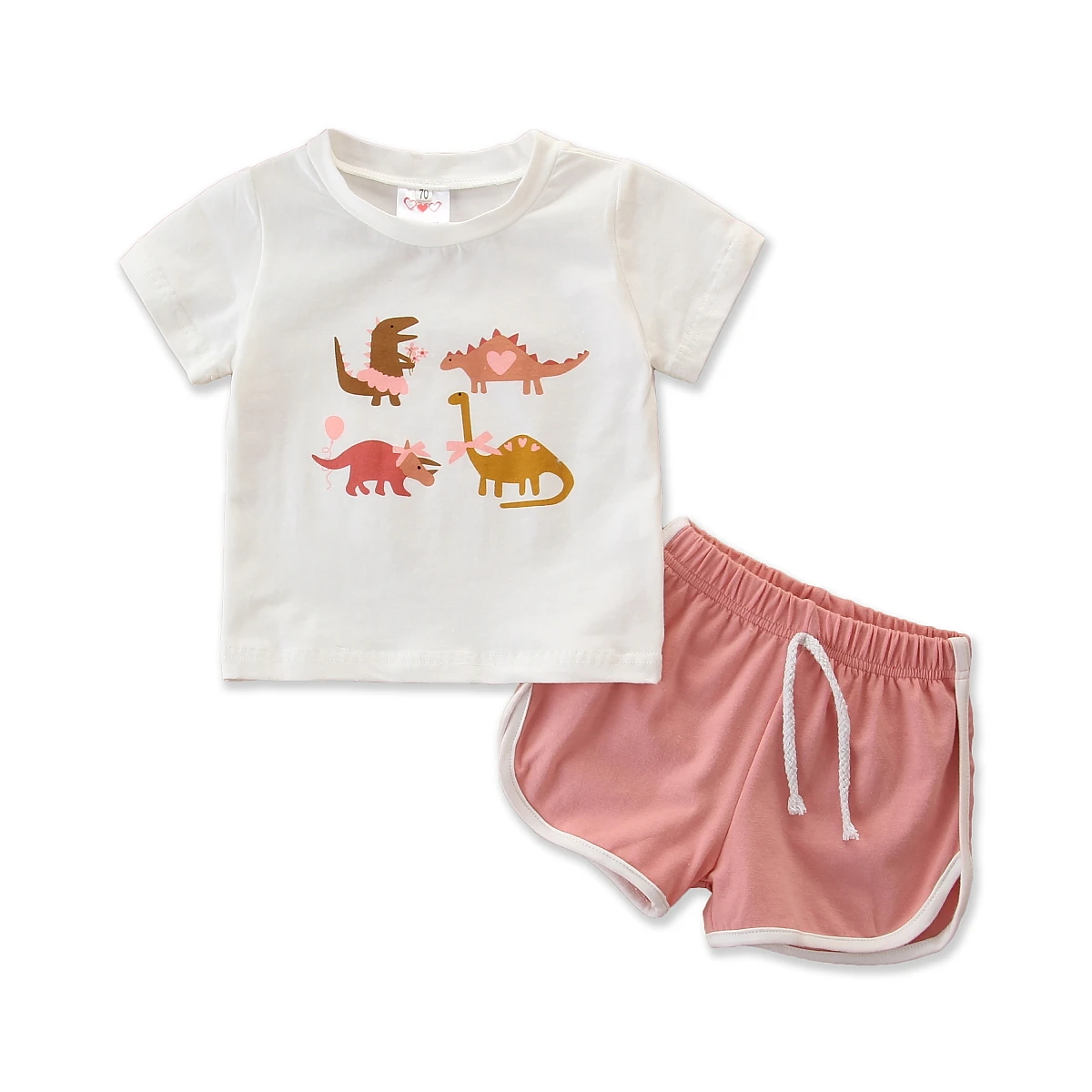 

Футболка Lioraitiin для девочек 0-4 лет, милая рубашка с коротким рукавом и принтом динозавра, хлопковые однотонные розовые шорты, 2 шт., на лето