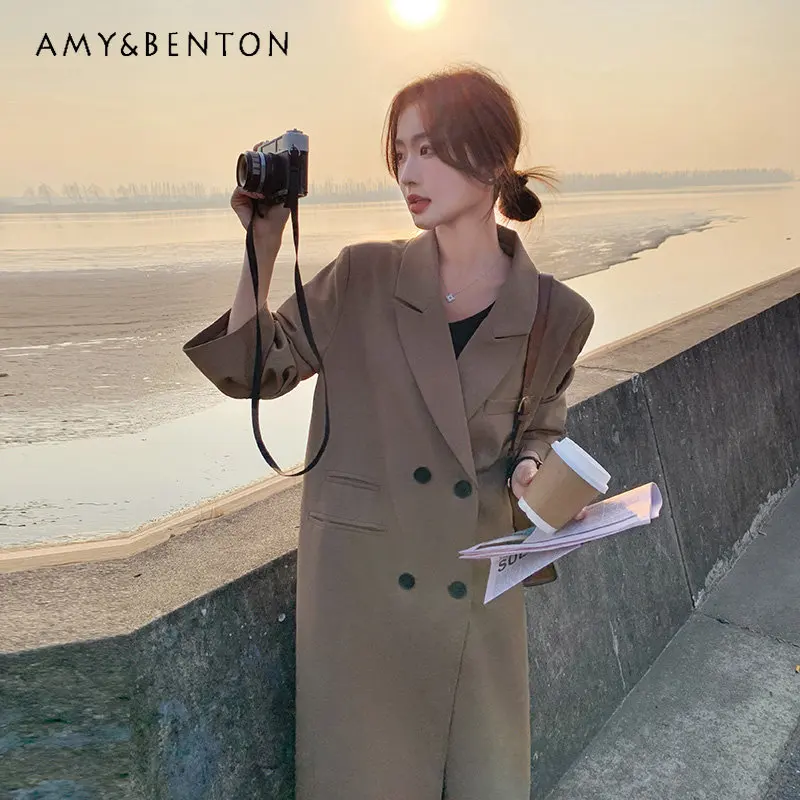 Spring 2023 New Apricot Color Long Sleeve Jacket Temperament Leisure Over The Knee High-Grade Long Suit Trench Coat for Women