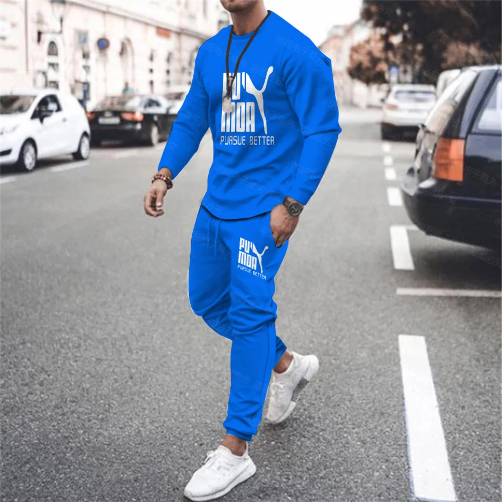 Fashion Men's Autumn New Two-piece Sports Casual O Neck Long Sleeve + Drawstring Pants Fitness 3D Printing Running Oversized