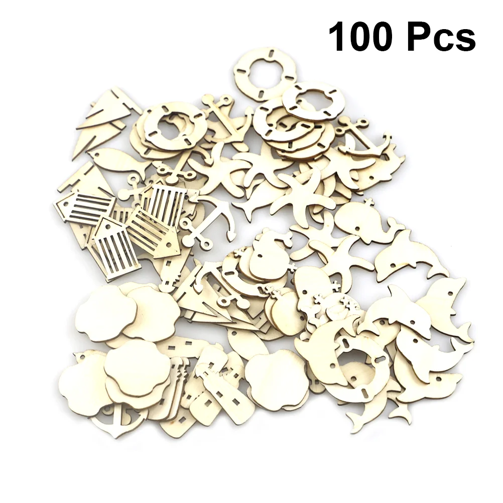 

100PCS Hollow-out Carving Wood Chips DIY Graffiti Wooden Pieces Nautical Theme Wood Crafts Decor Creative Anchor Ship