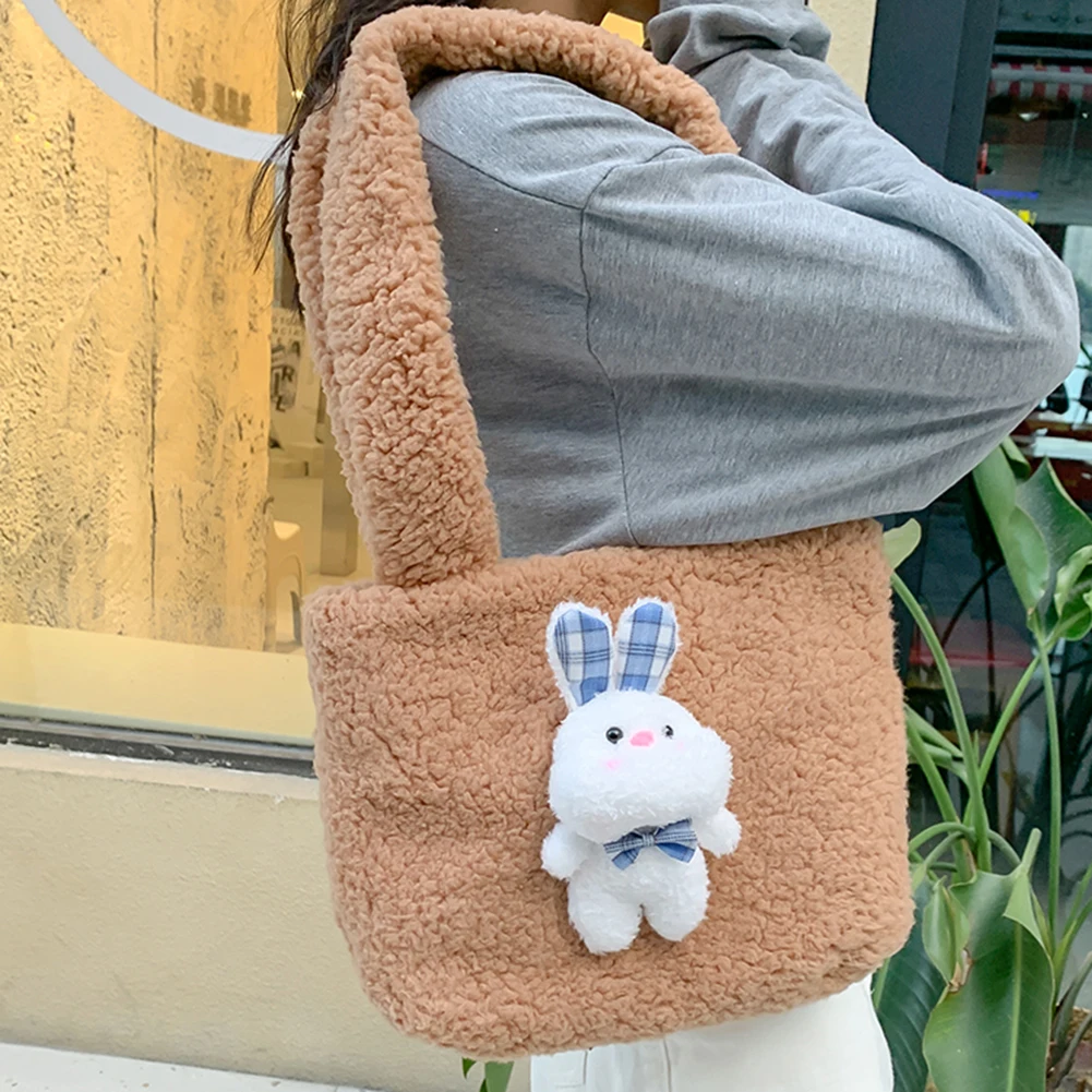 

Women Faux Wool Fur Handbag with Rabbit Doll Autumn Winter Snap Large Capacity Double Shoulder Straps Shoulder Bag
