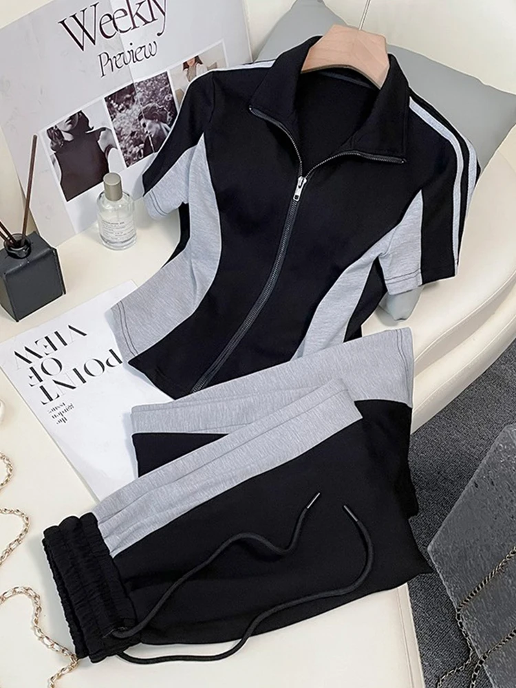

F GIRLS Casual Trousers Tracksuit Women 2023 Summer Outfits Fashion Slim Short Sleeved Zipper Top+Wide-Leg Pants Two Piece Set F
