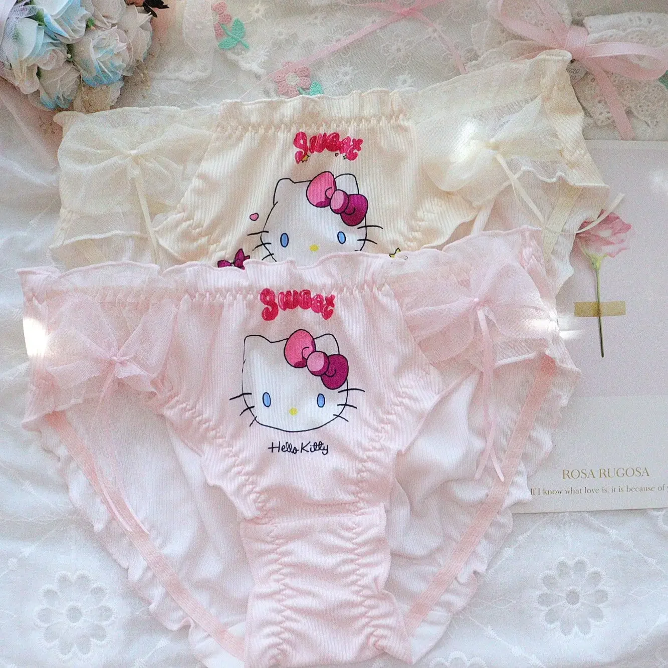 Японские милые трусы Hello Kitty девчачьи кружевные с рюшами и милым принтом женские