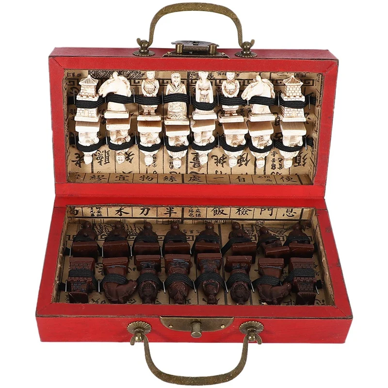 

Hot Chinese Wood Leather Box With 32 Pieces Terracotta Figure Chess Set Entertainment Checkers Chess Traditional Games