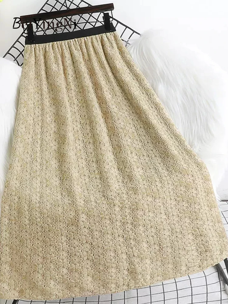 

Beiyingni Fashion Elegant High Waist A-line Skirt Women Lace Luxury Split Pack Hip Midi Skirts Office Ladies Lining Korean Jupes