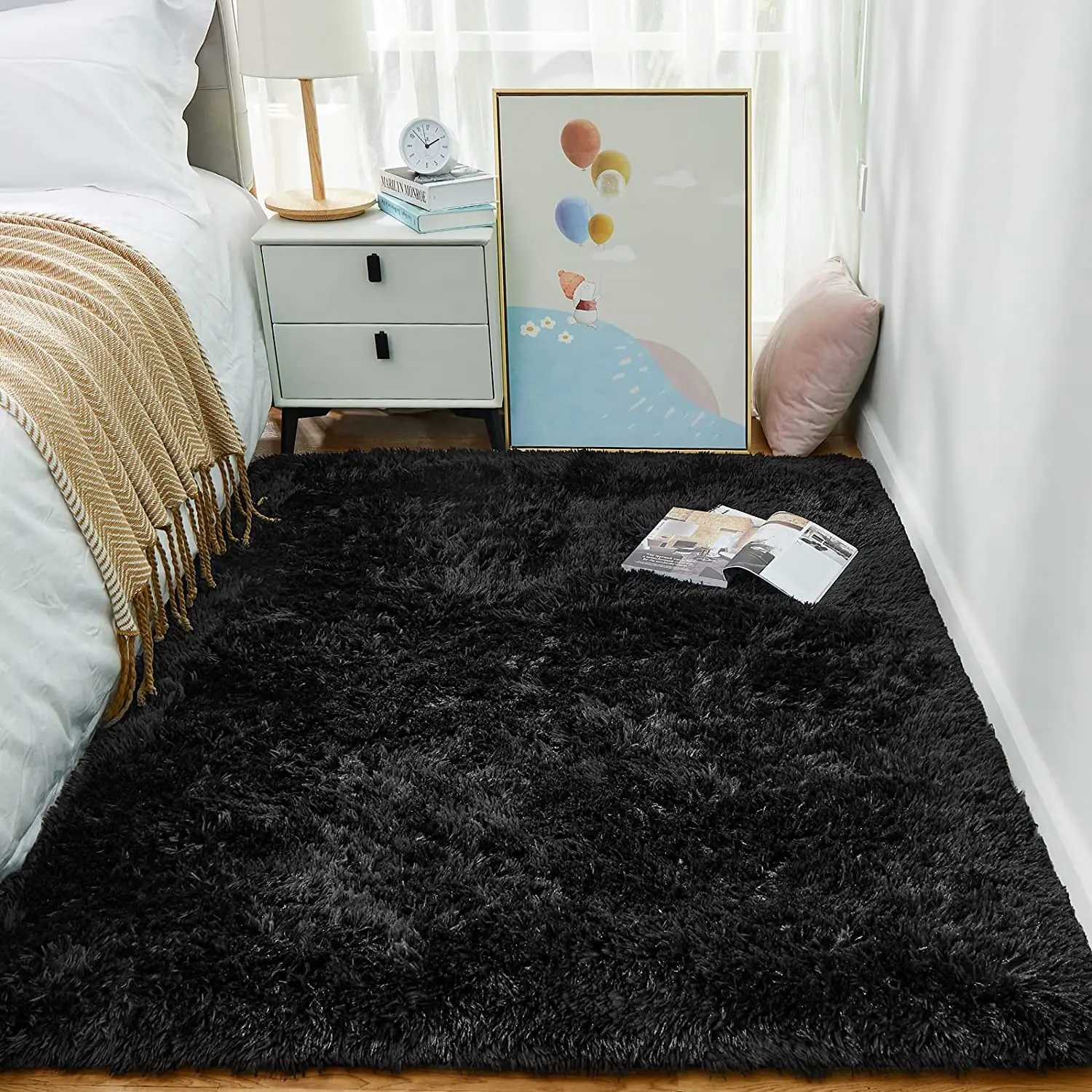 

Black Area Rugs for Bedroom, Fluffy Soft Shaggy Floor Bedside Carpet, Fuzzy Plush Furry Shag Indoor Rug, Living Room