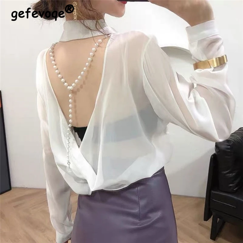 Korean Fashion Chiffon Turn Down Collar Black White Sunscreen Blouse Women Sexy Backless See Through with Beads Button Up Shirts