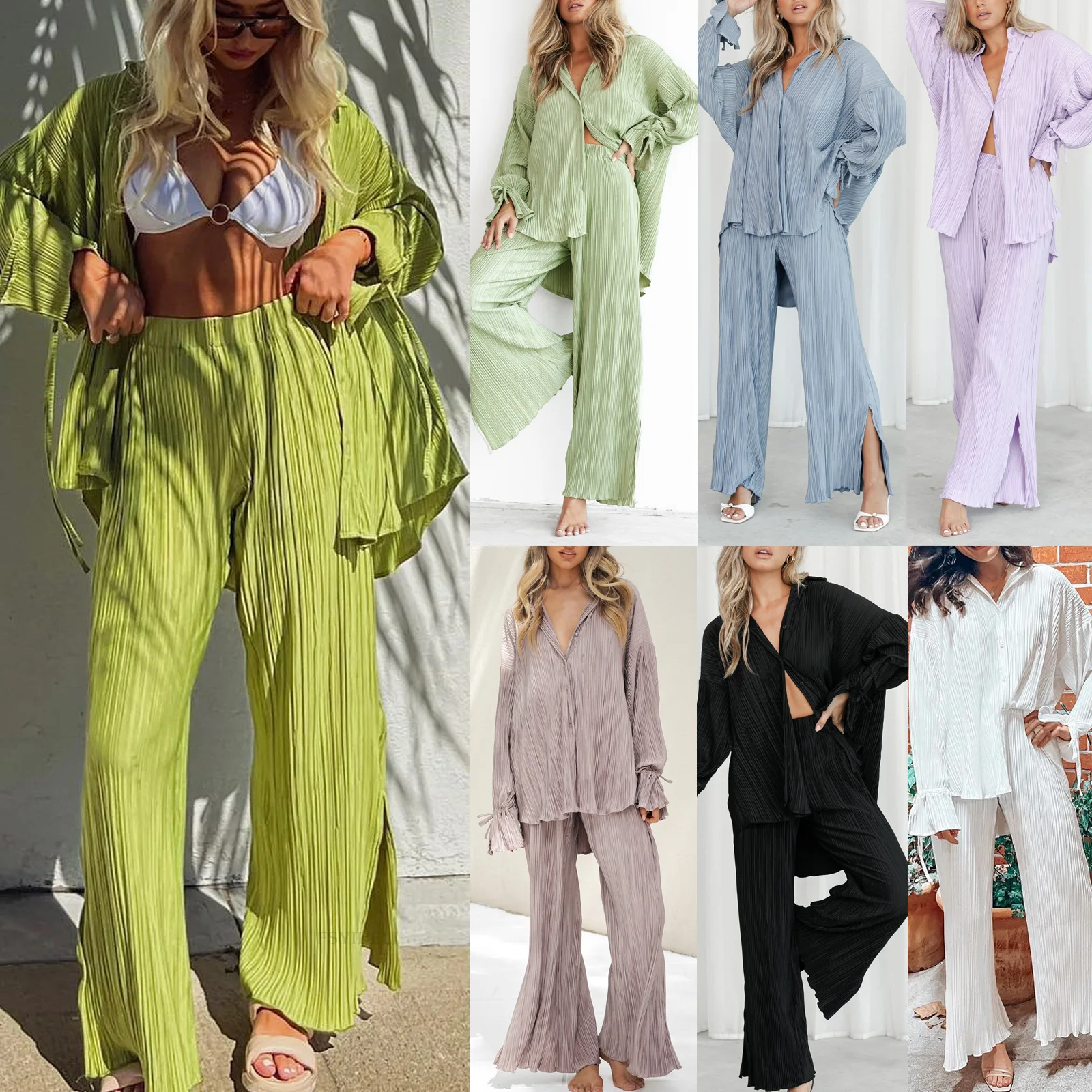 

Women's spring and summer suits new pleated shirts long-sleeved lapel cardigan slit trousers pajamas two-piece set
