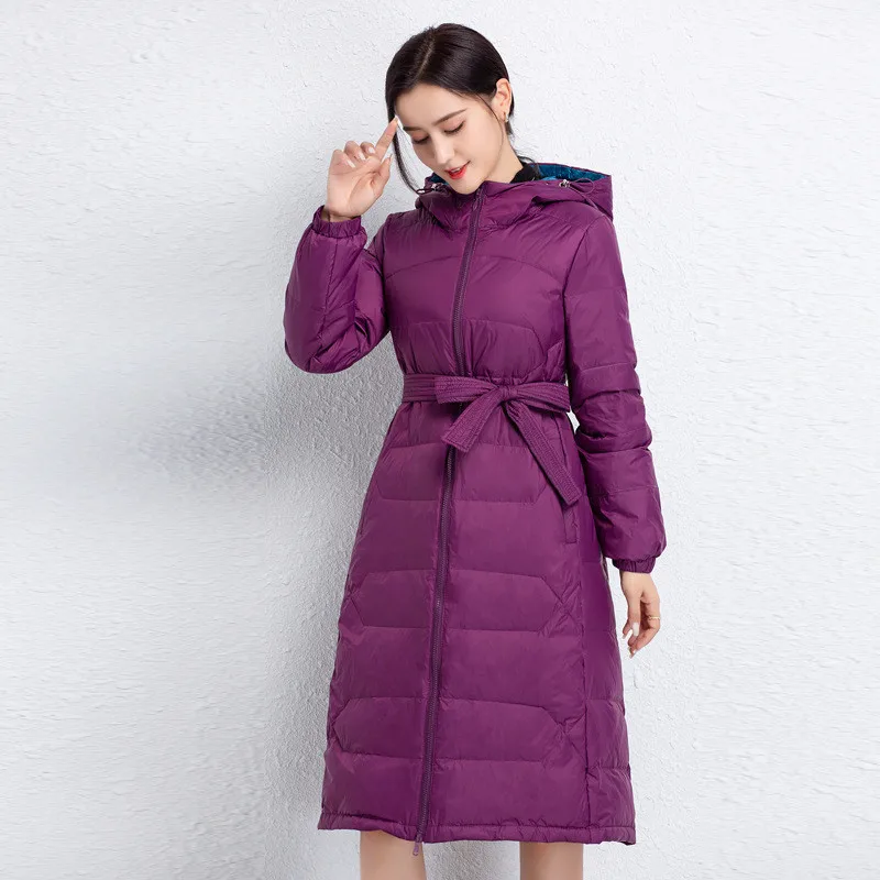 

Женский ветрозащитный пуховик с поясом, теплая легкая куртка на утином пуху с капюшоном, парка, длинная верхняя одежда больших размеров для осени и зимы