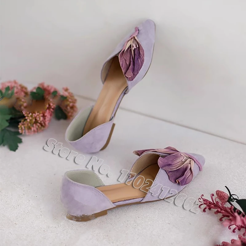 Pointed Toe Petals Flat Shoes Purple Simulation Flower Elegant Lady Retro Pumps Shallow Ballet Shoes Sweet Fairy Women Sandals