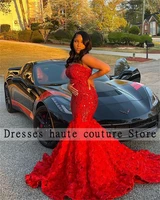 sparkly red sequin strapless african girls prom dresses 3d flowers mermaid formal party dress evening gowns robes de soir%c3%a9e