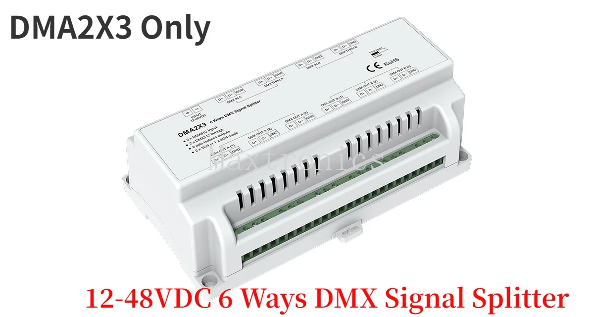 Фото Усилитель сигнала DMX512 Повторитель сигнала DMA 4-канальный DA-L 2-канальный DMA2X3 6-полосный разветвитель сигнала DMX DC12-36V для светодиодной ленты №4