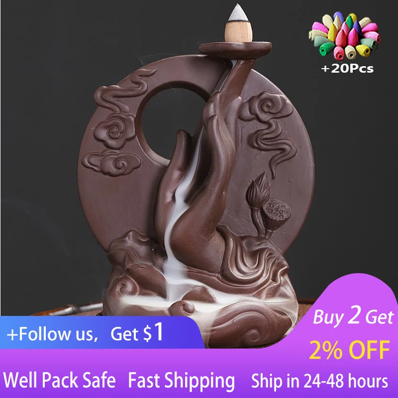 

Ceramic Handicraft Backflow Incense Burner Buddha Hand Purple Clay Holder Censer Office Tea House Decorate