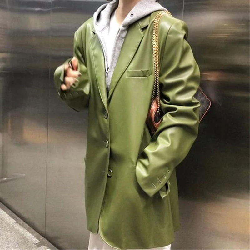 Sungtin Новые куртки-блейзеры из кожи большого размера для офисных леди для женщин весной и осенью, повседневные женские фальшивые пальто, элегантные топы.