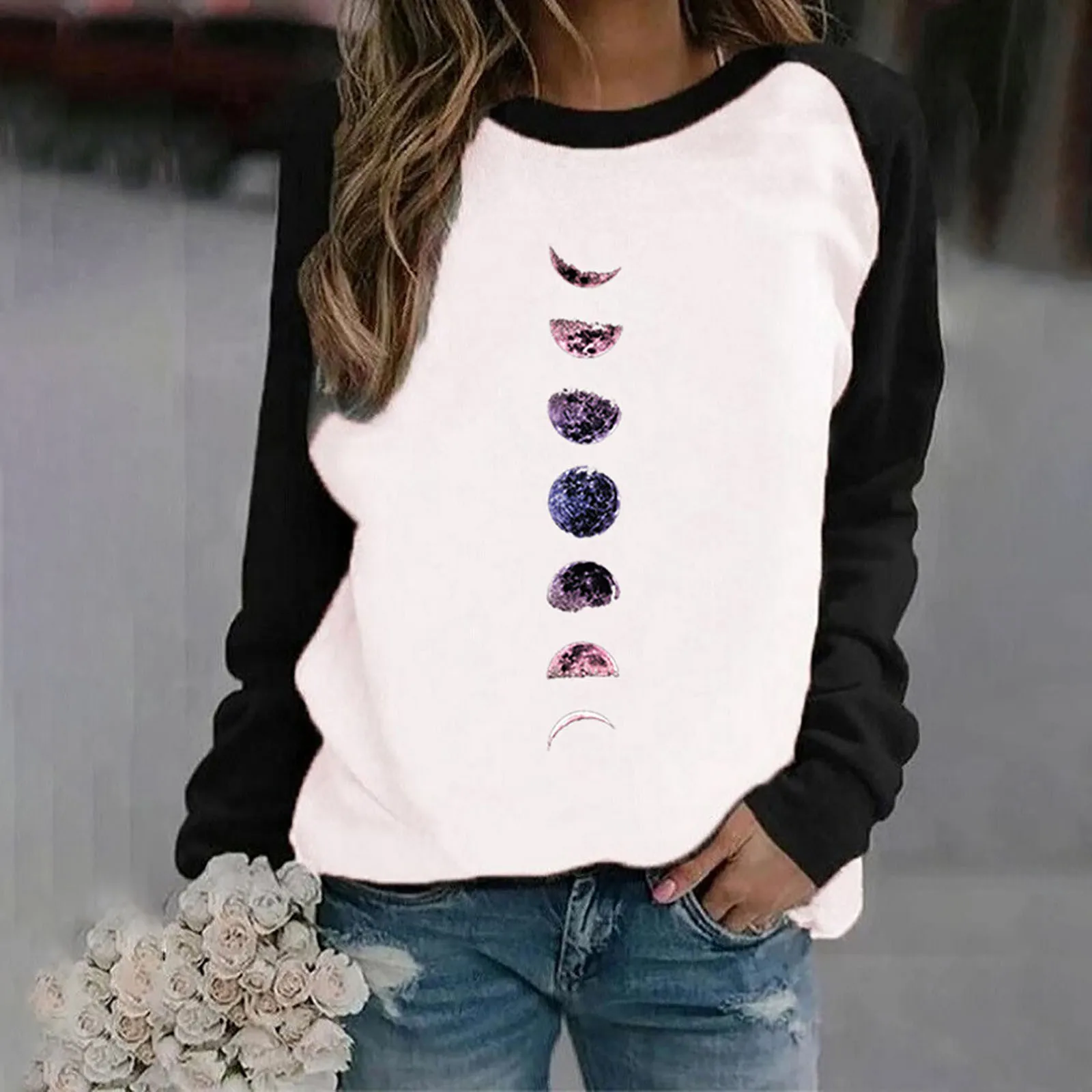 

Women'S Planet Print Pullover Round Neck Long-Sleeve Hoodless Hoodie Casual Loose Top Colorblock Sweatshirt For Ladies Autumn