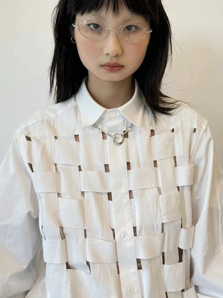 

Ins Korean Fashion 2022 Summer Hollow Design Long Sleeve Blouse Women Japanese Femme Harajuku Loose White Shirt All Match Blusas