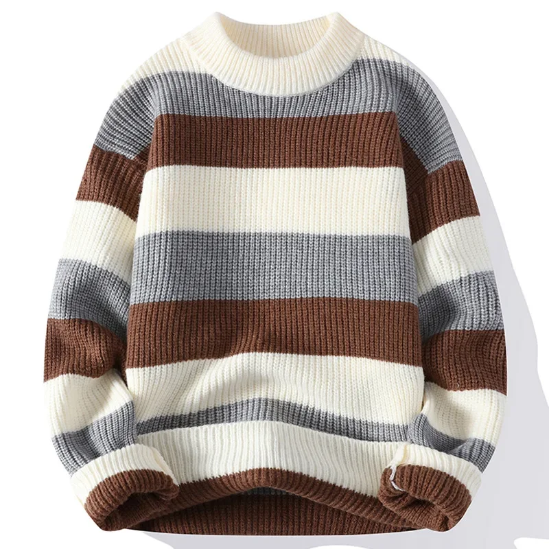 Мужской утолщенный теплый свитер свободный крой полосатый осенне-зимний топ
