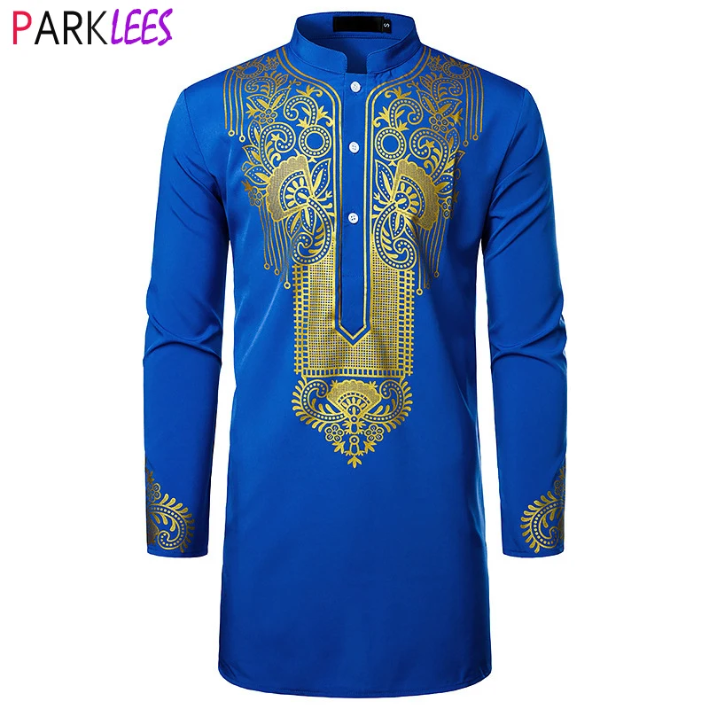 

Blue African Dashiki Gold Print Man Clothing Nehru Collar Agbada Kaftan Attire Wedding Mens Dress Shirt Traditional Chemise 2XL