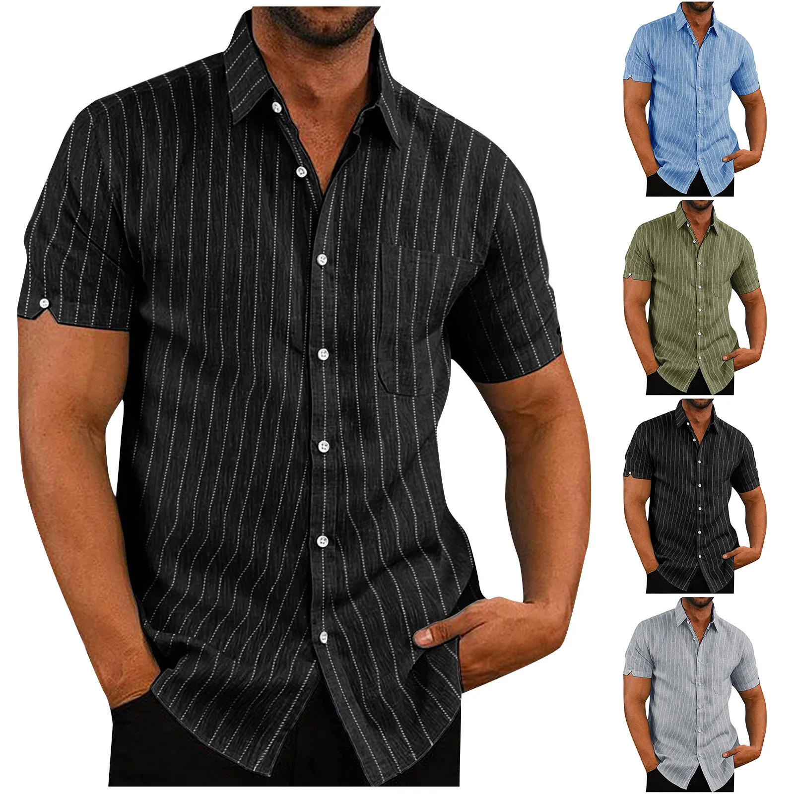 

2023 New Summer Shirt Lapel Casual Short Sleeve Button Striped Short Sleeve Mens Suitable Short Sleeve Shirts camisas de hombre