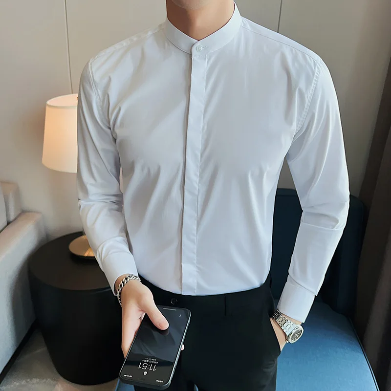 High Quality Stand Collar Men Shirts Autumn Long Sleeve Casual Slim Business Dress Shirt Social Office Streetwear Blouse 2022