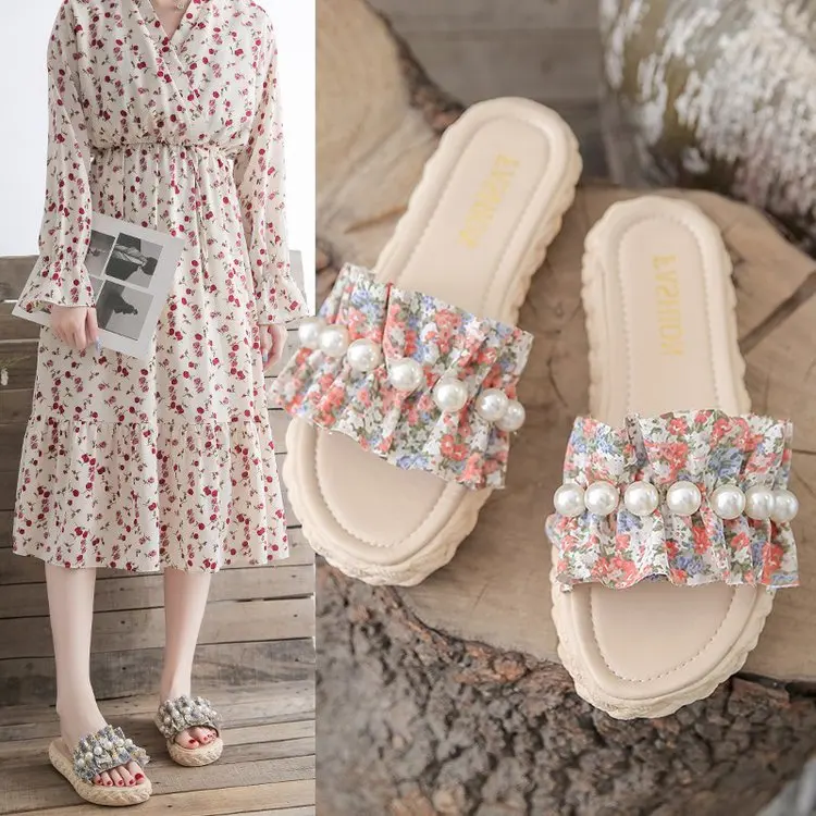 

Shoes Woman 2022 Slippers Flat Shale Female Beach String Bead Pantofle Low Sabot Summer New Slides Fabric PU Rubber Rome Floral