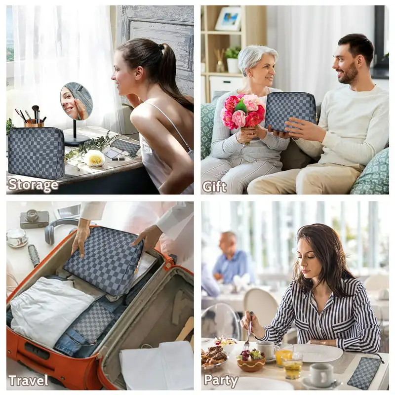 2Pcs Portable Checkered Makeup Bag, Blue Travel Cosmetic Bags, Toiletry Organizer for Women Girl Christmas Gifts, Toiletries Bag