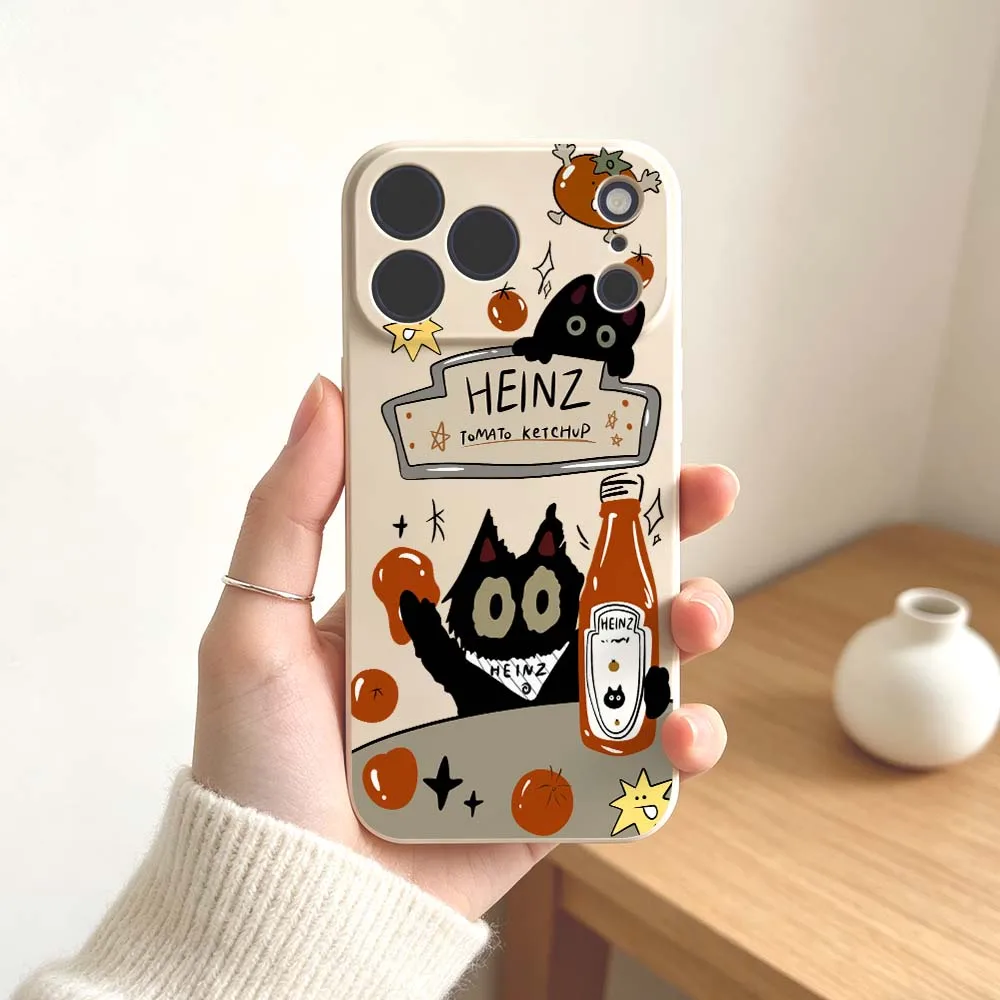 Фото Мягкий чехол для телефона Apple iPhone 17 16 16e 15 14 13 12 Air Pro Max Plus Mini с мультяшным дизайном Heinz Black Cat Ketchup №5