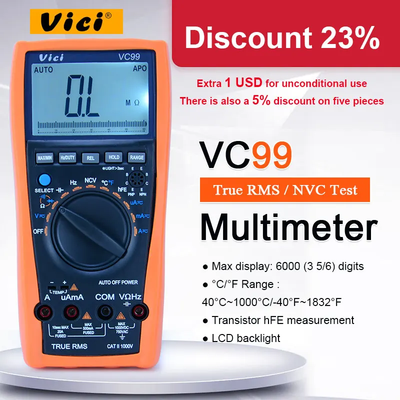 

VICI VC99 Auto Range Digital High-precision Automatic Electrician Multimeter 1000V 20A DC AC Voltage Current Resistance Tester