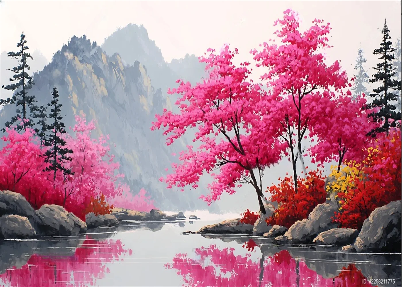 

Фотообои на заказ с эффектом акварели: розовые вишневые деревья и пейзаж