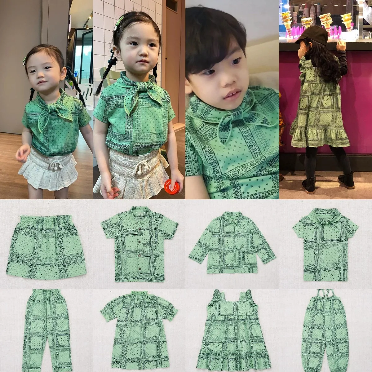 

2022 summer new children's clothing Misha with the same style boys and girls shirts overalls dress short sleeves