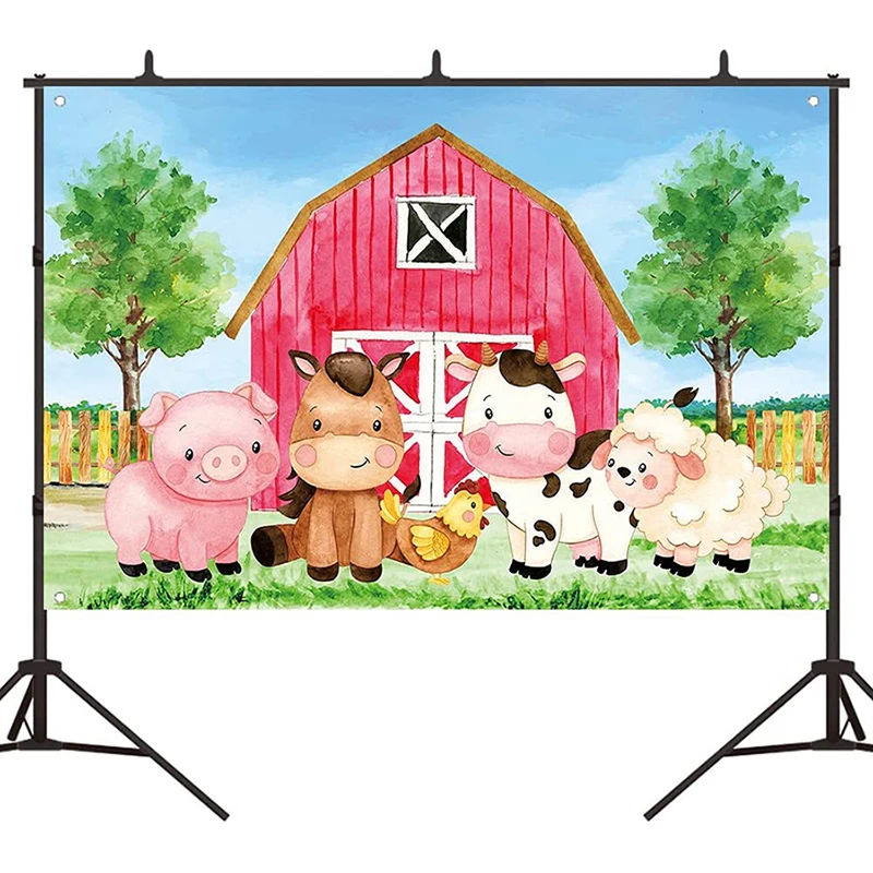 

Cartoon Farm Red Barn Animals Blue Sky Grass Fence Backdrop Newborn Baby Shower Birthday Party Banner Background Booth Decor