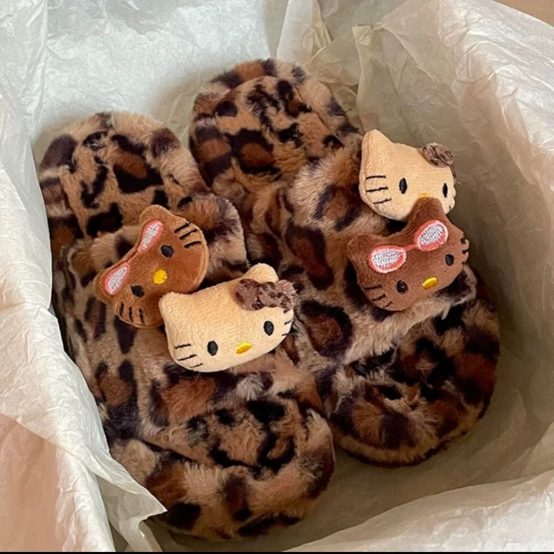 Sanrio Y2k Hello Kitty Leopard Print Plush Slipper Autumn And Winter Spicy Girl Thick Bottom Fashion Non-Slip Home Shoes