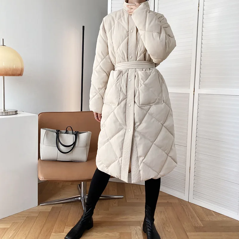 

Winter Solid New Korean Style 2021 Long Down Coat Women's Fashion Stand Collar Argyle Pattern Oversized Parka Chic Jacket