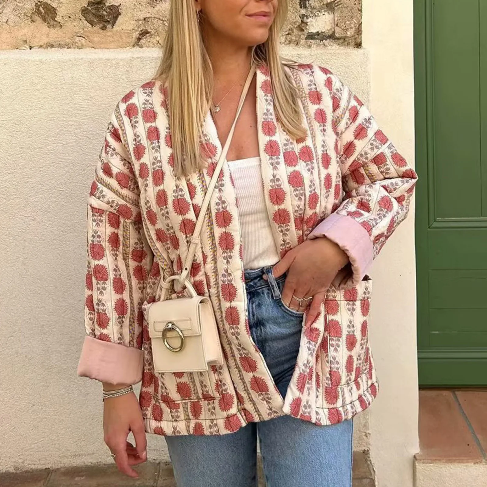 

Женская Стеганая куртка с хлопковой подкладкой, укороченная стеганая куртка с цветочным принтом, легкий кардиган с открытой передней частью, уличная одежда