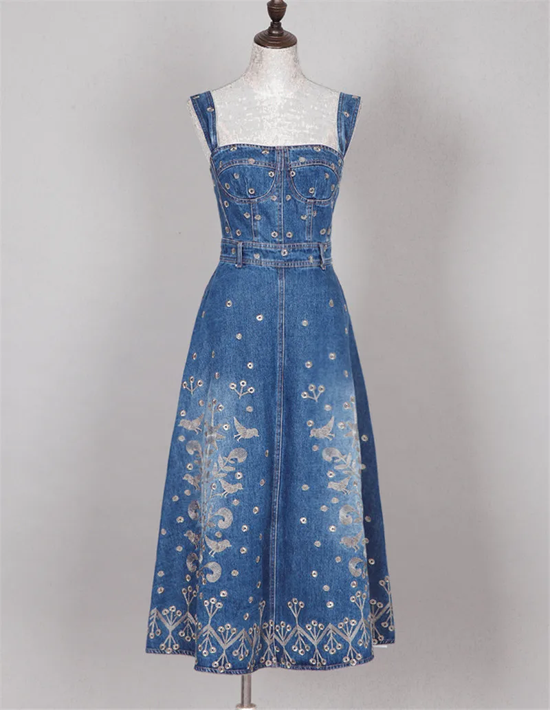 Женское джинсовое платье с цветочной вышивкой подиумное дизайнерское свободное