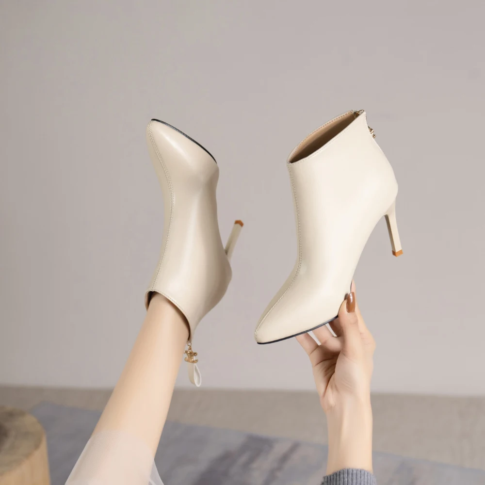 Leather pointed ankle boots women's shoes 2023 new stiletto heels show thin everything with velvet Martin boots