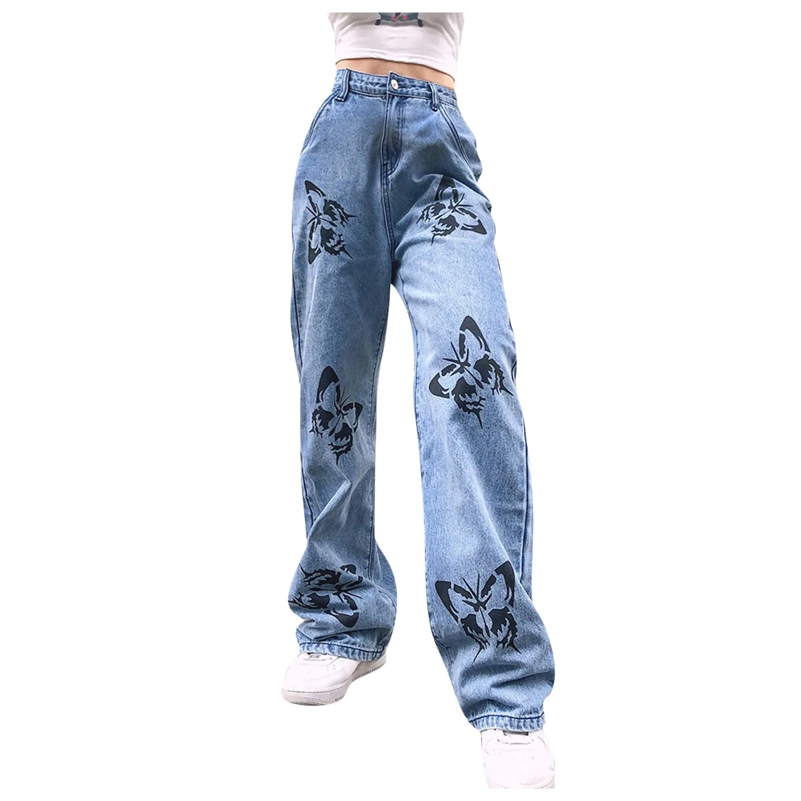 

Women Wide Leg Pants Butterfly Printed Straight Leg Pants Trousers Jeans