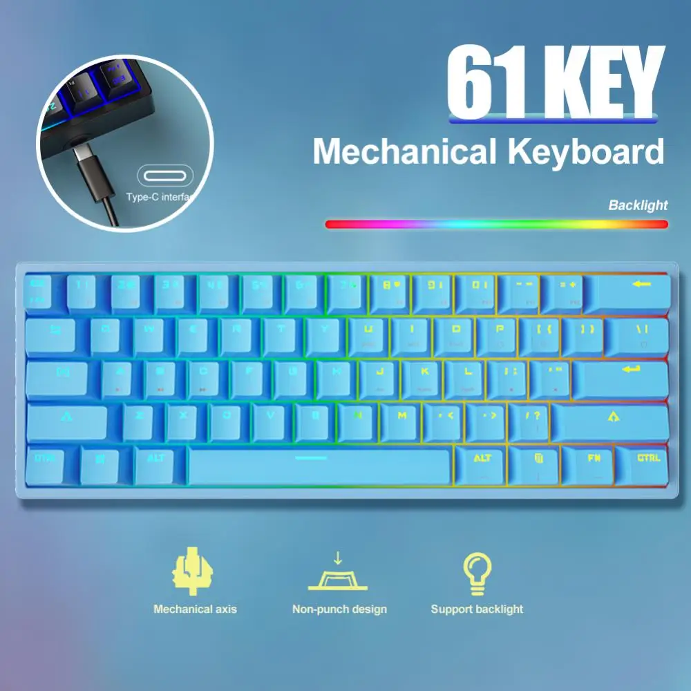 

RYRA Crack K620 Wired Mechanical Keyboard Green Axis Red Axis Esports Game Light Laptop Type-C61 Key Detachable Cable Portable