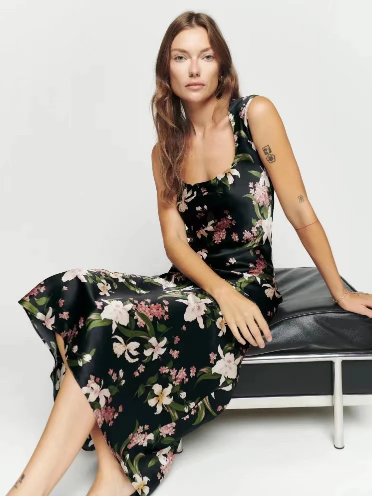 

Women Vintage Style Retro Flower Print 100% Silk Midi Dress