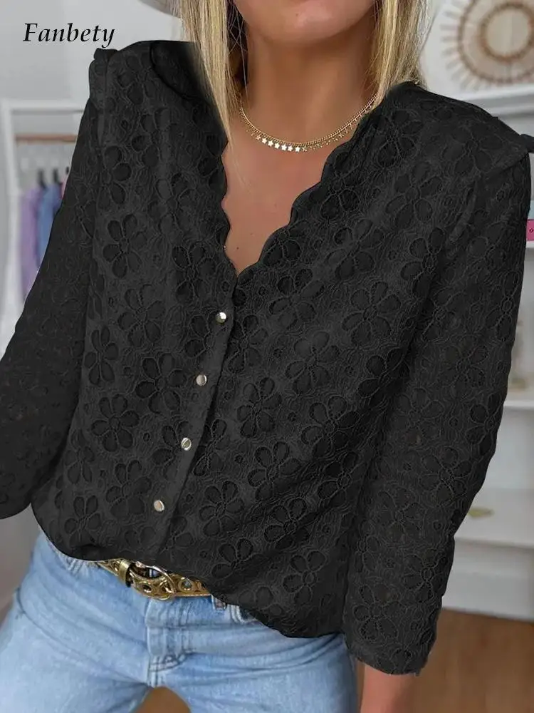 

Блузка женская однотонная с длинным рукавом, элегантная повседневная кружевная рубашка с цветочной вышивкой, с оборками, с V-образным вырез...