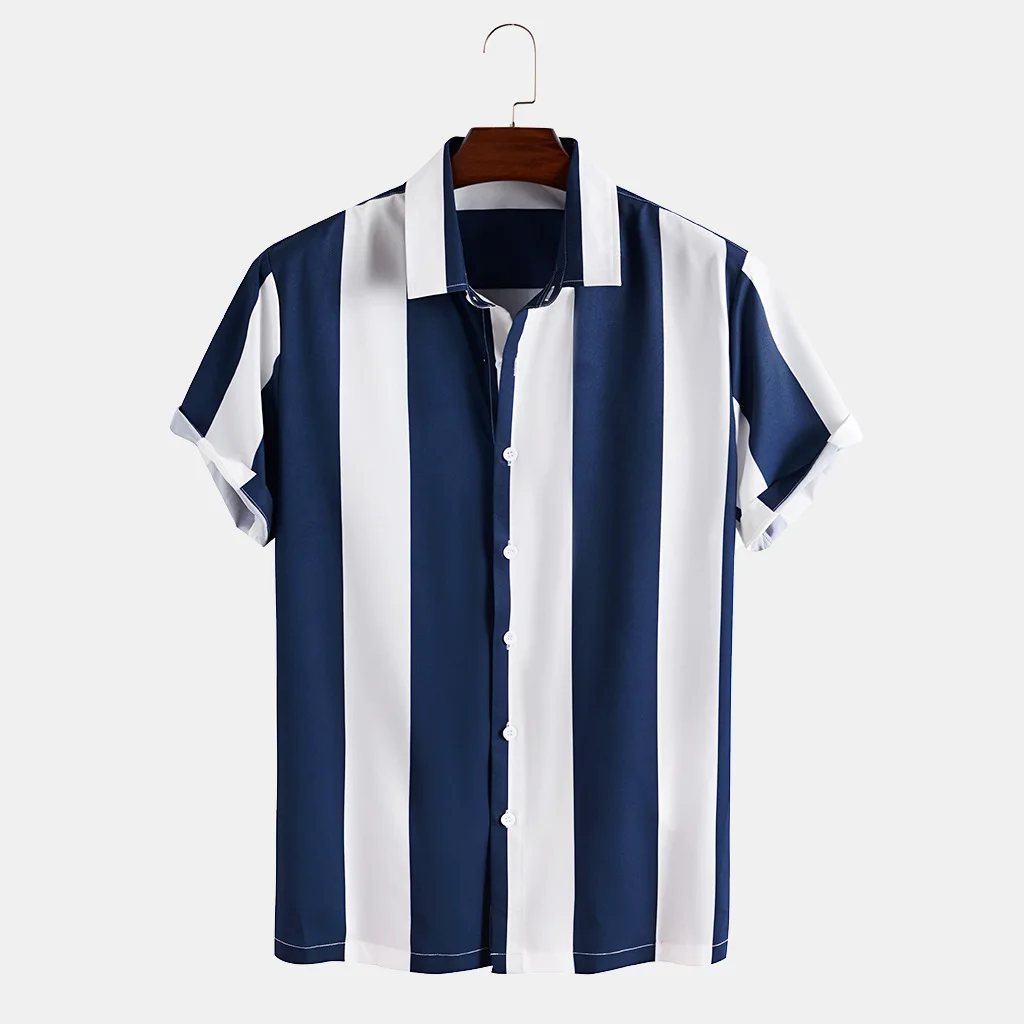 

Striped Print Summer Beach Shirts For Men Fashion Short Sleeve Loose Casual Camisa Masculina Button Turn Down Collar Hawaiian