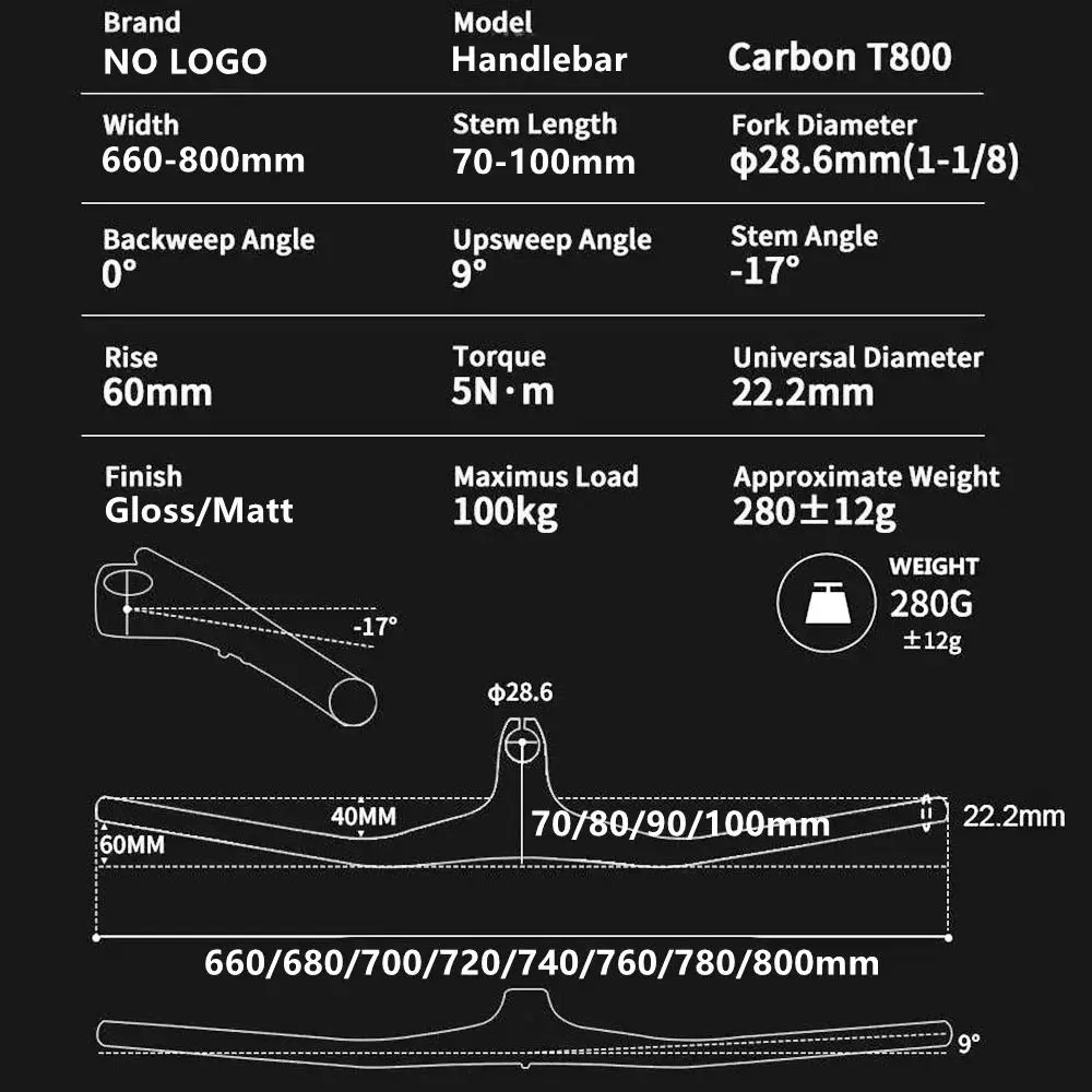 Матовый 3K карбоновый руль и стержень горного велосипеда 28 6 мм-17 ° цельная