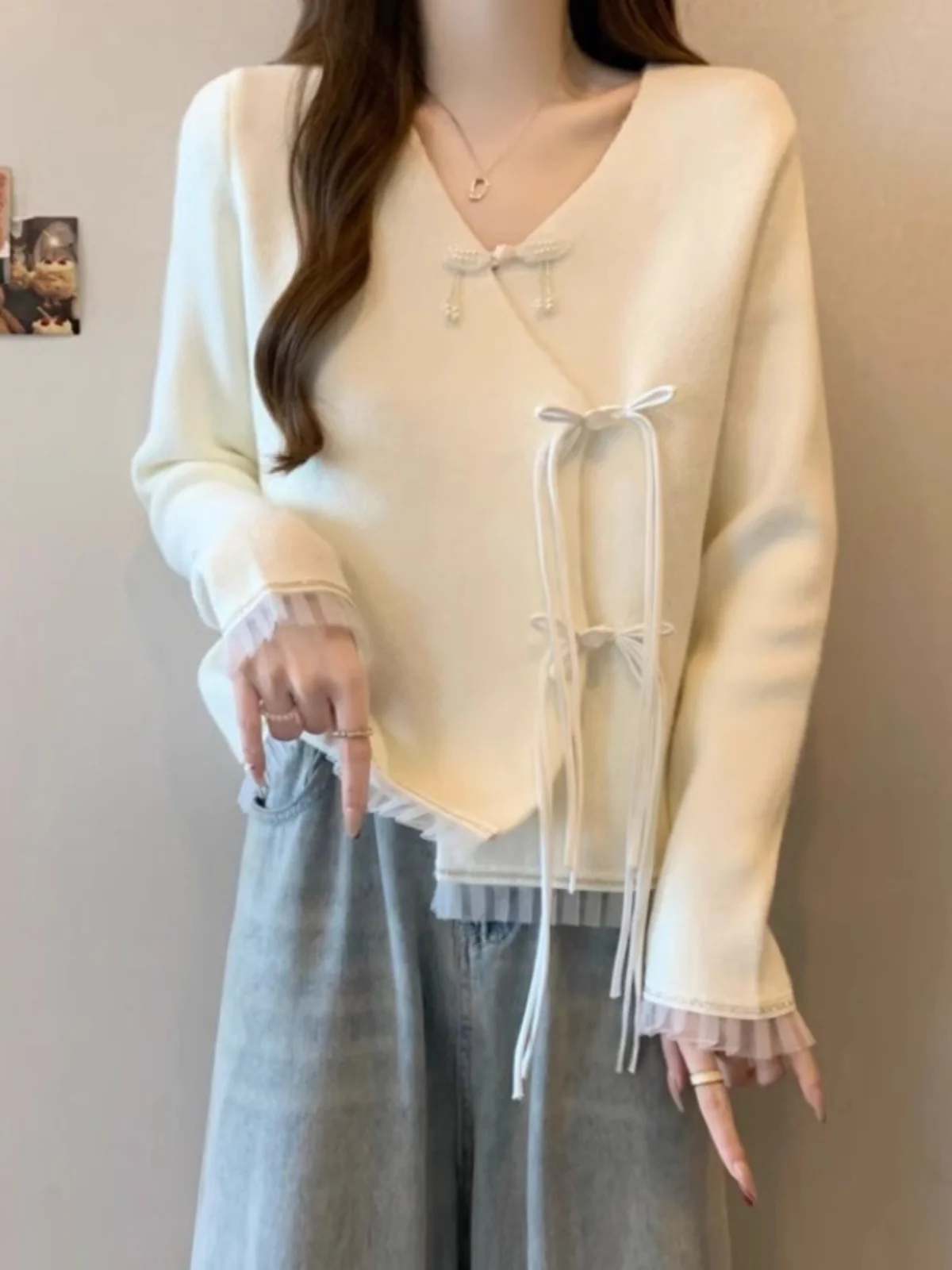 New Chinese Sle National V-neck Sweater Cardigan Outerwear Women Autumn and Winter Plus size Chubby Girl High-Grade S...