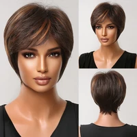 brown wig with golden highlight synthetic short pixie cut wig for black women cosplay daily heat resistant female fake hair