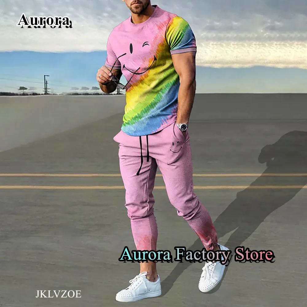 Summer Men Smile Printing Tracksuit 2 Pieces T-Shirt Long Pants Set Casual Jogging Suit Fashion Trousers Outfit Male Streetwear