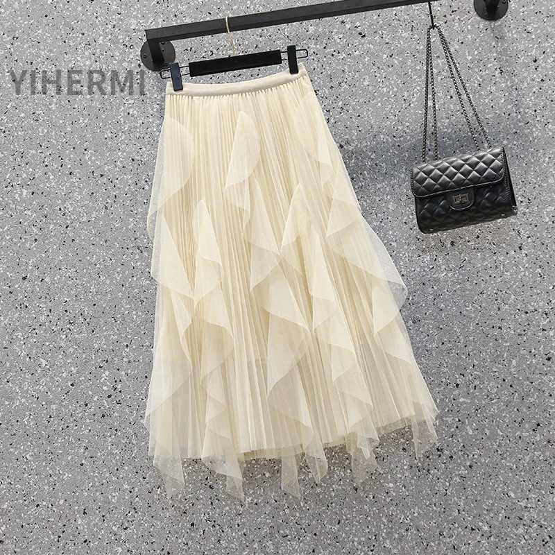 

Kawaii Spring Women's Skirts High Waist Sweet Solid Girl's Flouncing Gauze Skirt Mid-calf Loose Waist Pleated Skirt for Women OL
