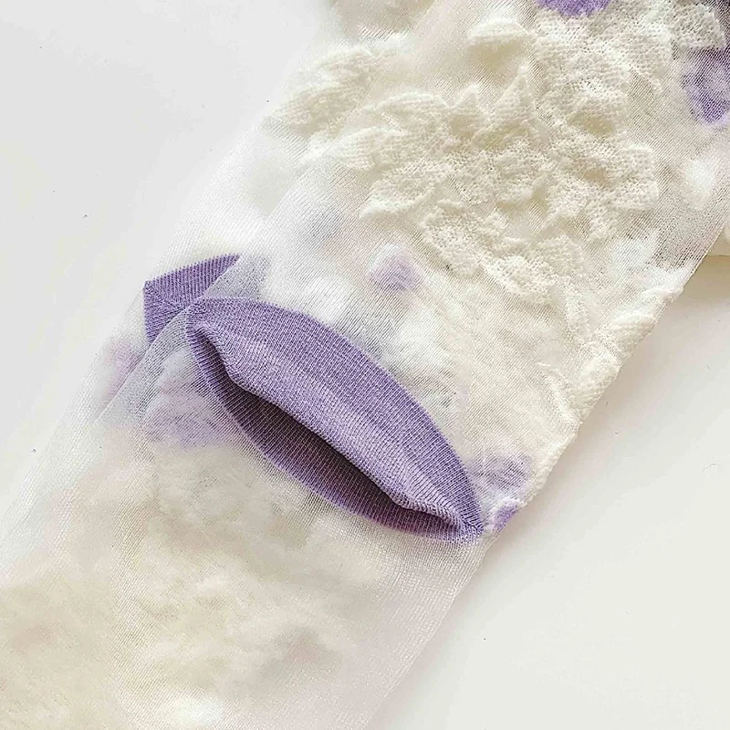 Ultra-thin Transparent Crystal Silk Socks Women Fashion Summer Harajuku Fresh Socks Retro Flower Streetwear Elastic Long Socks