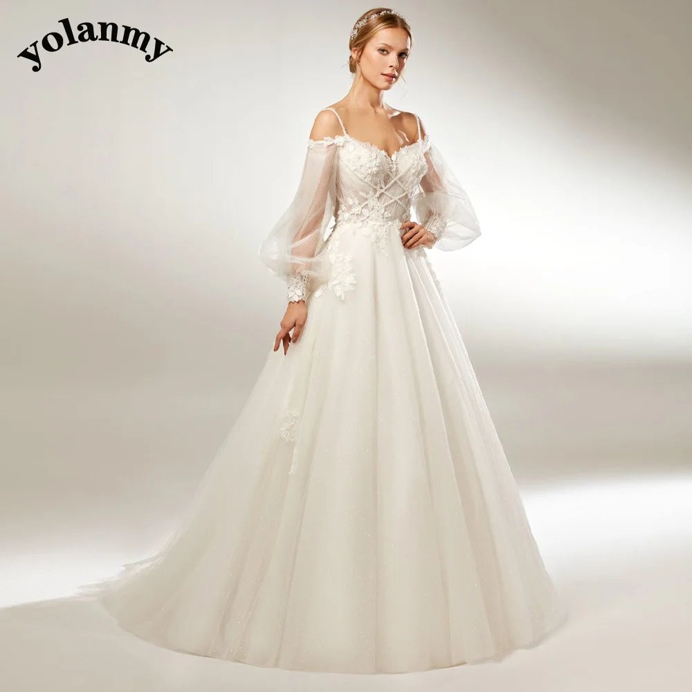 

YOLANMY Puffy Glamorous Wedding Dresses Strap Checks Sweetheart Court Train Appliques Vestido De Casamento Customised