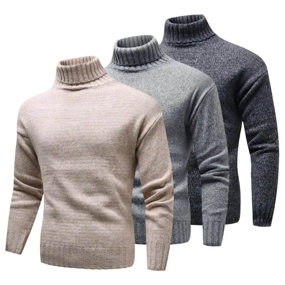 

Men Knitted Sweater Solid Color Pullover Elastic Basic Easy to Match High Collar Knitted Long Sleeve Soft Winter Male Cothing